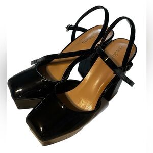 Hot Tomato Glossy Black Square Toe Ankle Strap Chunky Heels size 9
